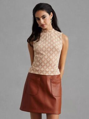 NWT Eva Franco Structured Mockneck Top Feminine Sleeveless Tan & Cream Neutral L